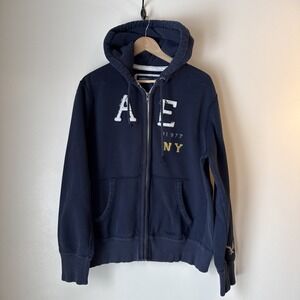 American Eagle Full Zip Hoodie Sweatshirt Blue Thick Size L Preppy Logo Y2K